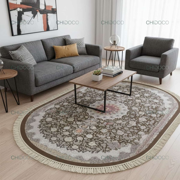 فرش بیضی قهوه‌ای